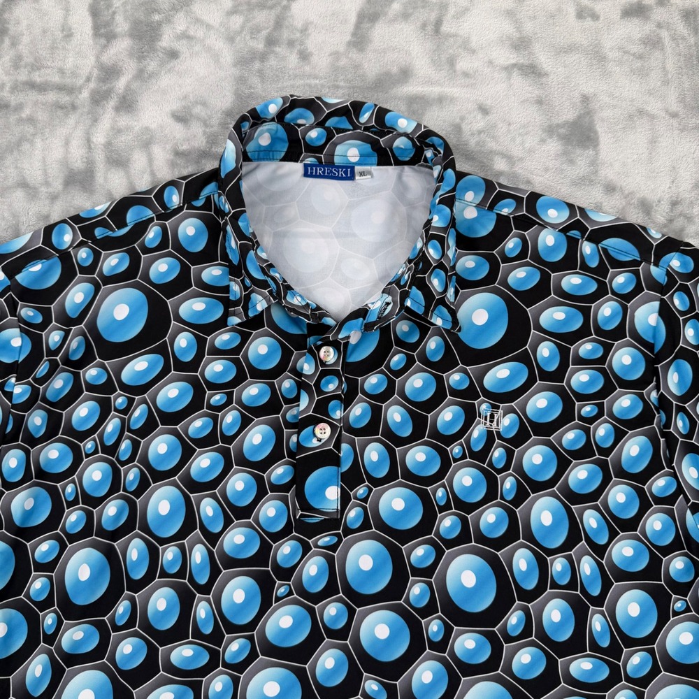 Hreski Mens XL Golf Polo Shirt Blue Black Geometric Bubble Print Short Sleeve